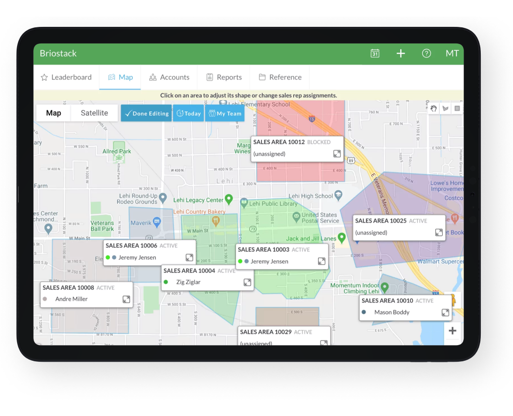 briostack sales map leader board on tablet