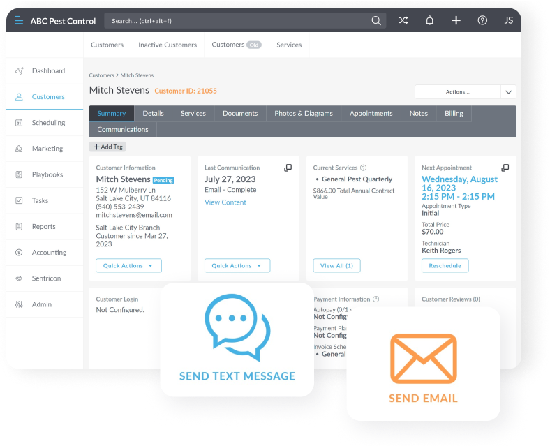 pest control software customer communications screens